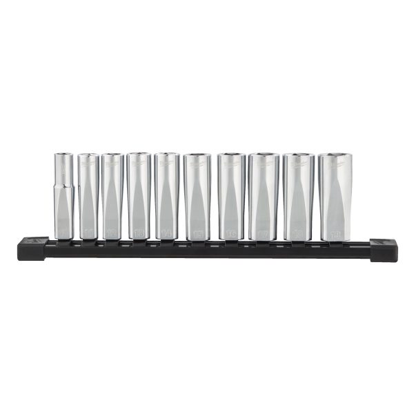 Juego de 10 vasos largos de 3/8" en raíl de transporte - métrica